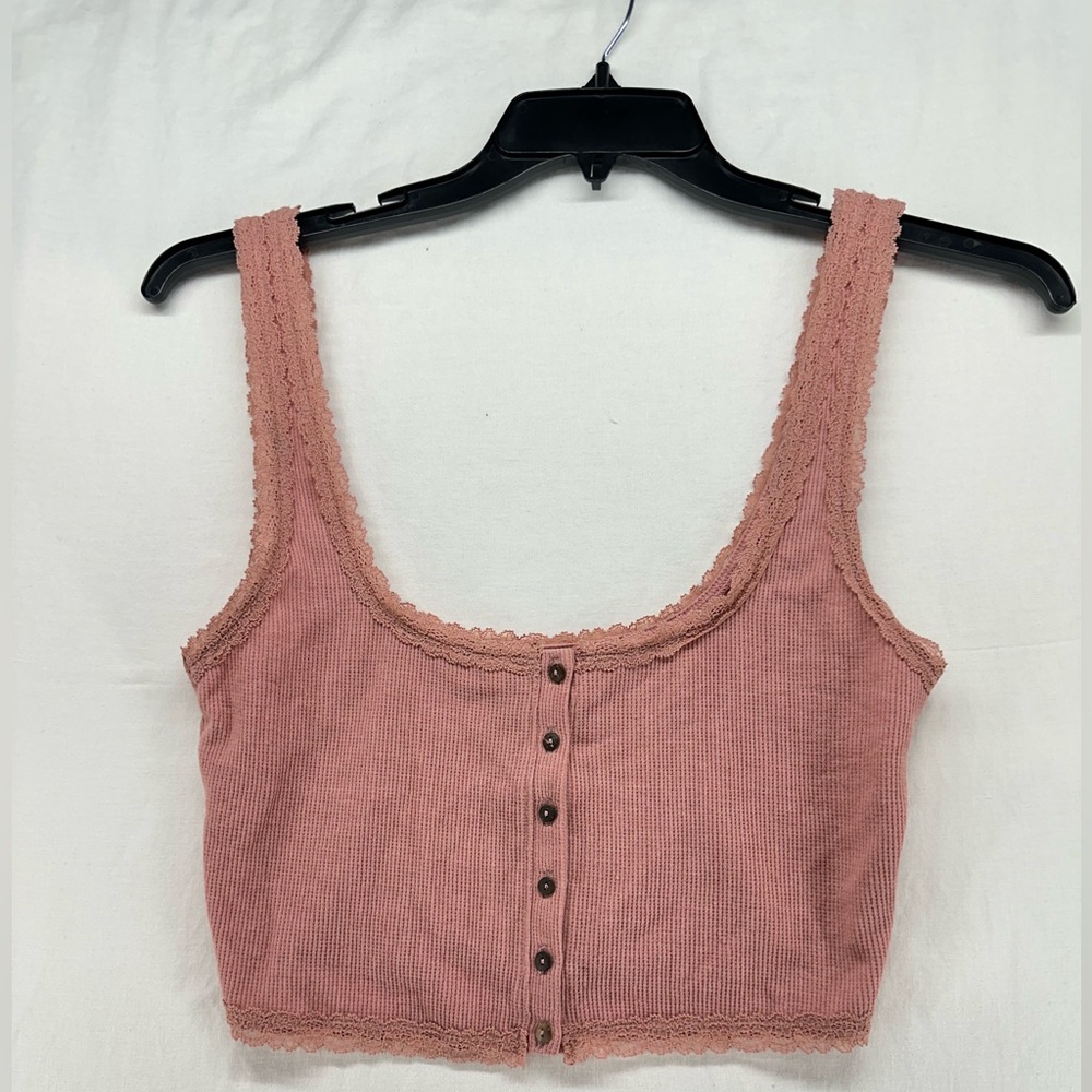 Free People Intimately Cropped Button Front Lace Trimmed Ribbed Tank Pink Rose S